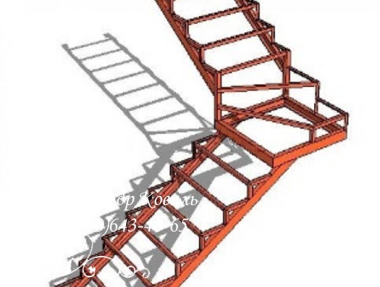 Лестница г-образная с блоком забежных ступеней и поворотом